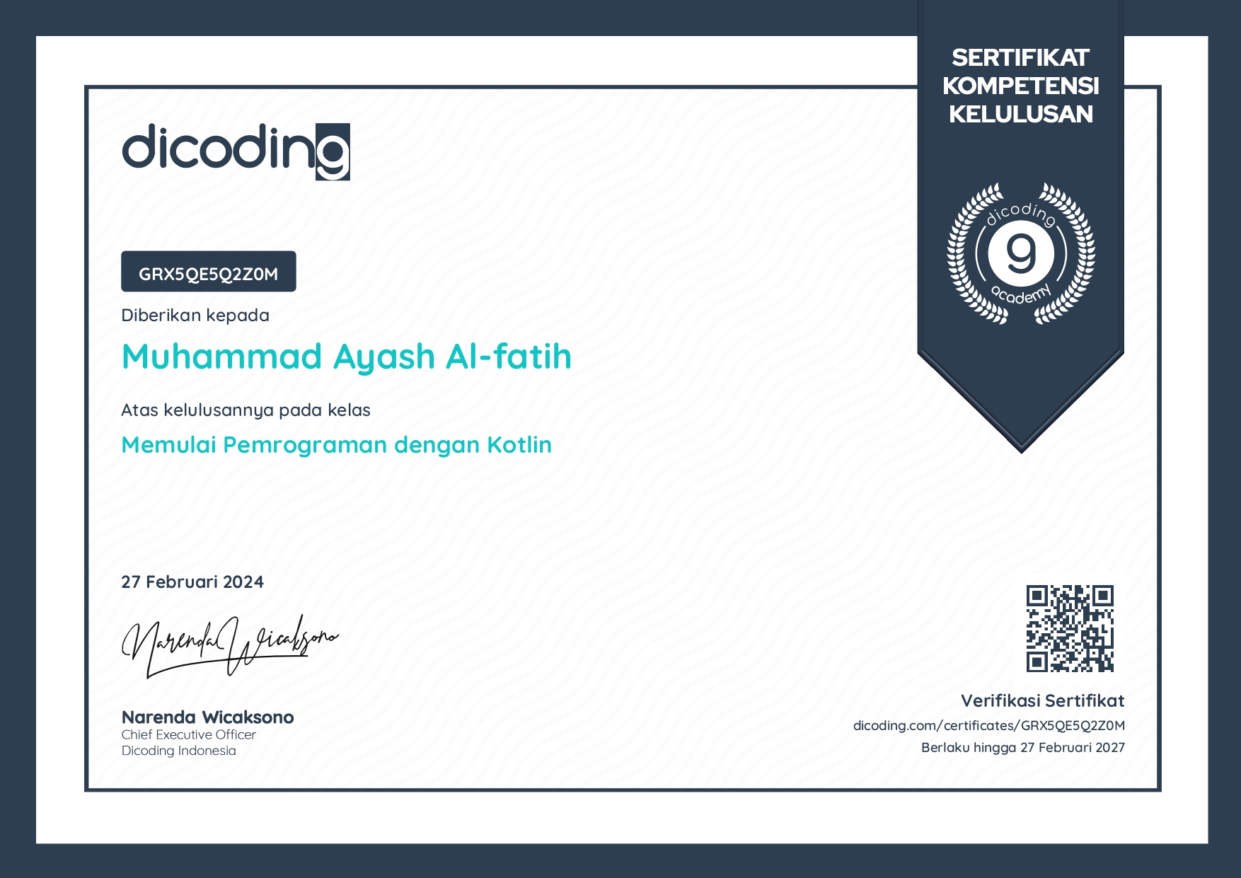 Dicoding Memulai Pemrograman Dengan Kotlin Certificate